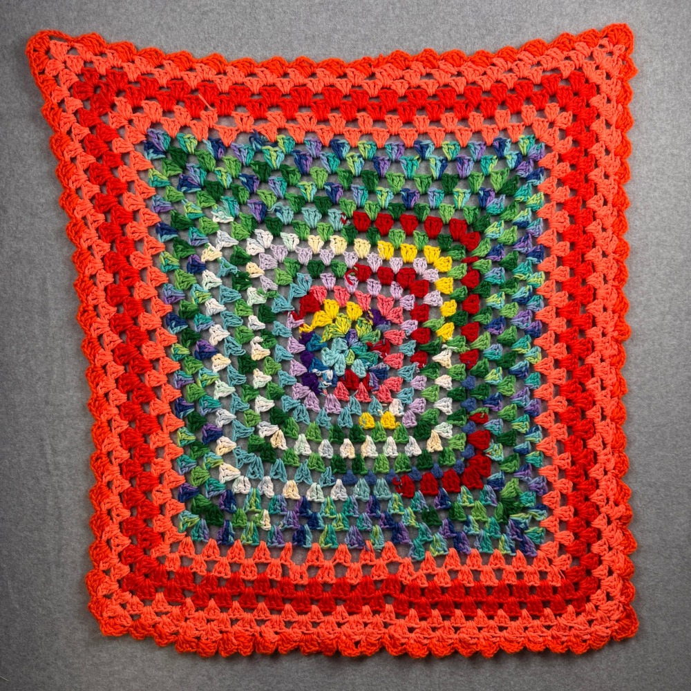 Handmade Crochet Granny Square Throw Blanket 33x33 Multicolor Orange Boho Decor
